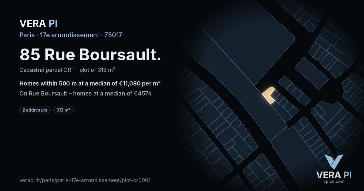 85 Rue Boursault, 17e arrondissement at night – the plot lit, the parcels around coloured by the prices near them