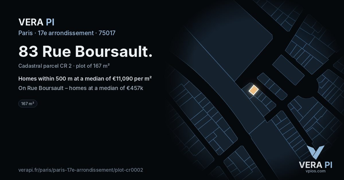 83 Rue Boursault, 17e arrondissement at night – the plot lit, the parcels around coloured by the prices near them