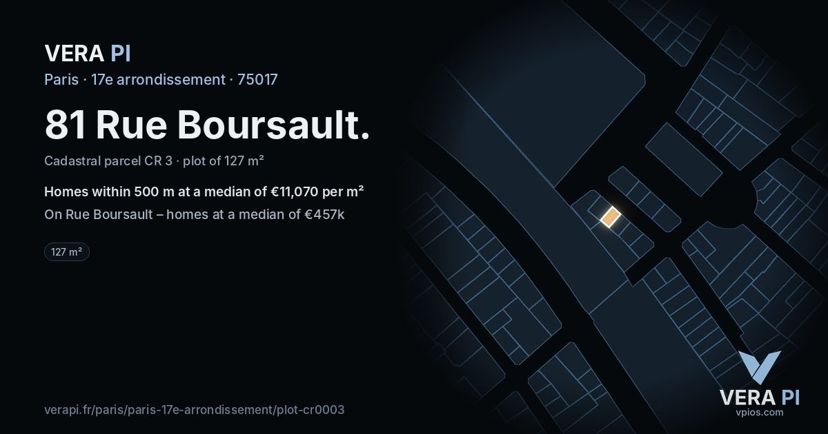 81 Rue Boursault, 17e arrondissement at night – the plot lit, the parcels around coloured by the prices near them