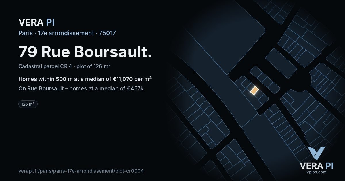 79 Rue Boursault, 17e arrondissement at night – the plot lit, the parcels around coloured by the prices near them