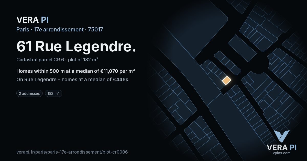 61 Rue Legendre, 17e arrondissement at night – the plot lit, the parcels around coloured by the prices near them