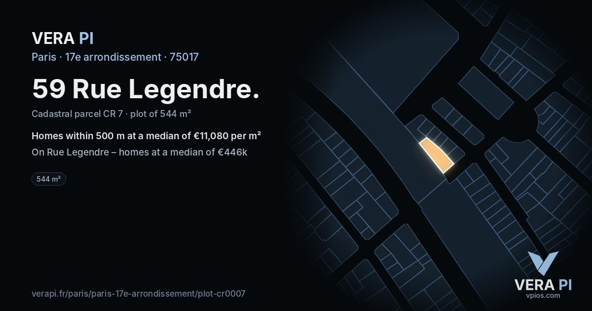 59 Rue Legendre, 17e arrondissement at night – the plot lit, the parcels around coloured by the prices near them