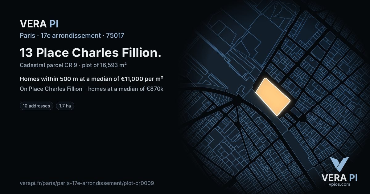 13 Place Charles Fillion, 17e arrondissement at night – the plot lit, the parcels around coloured by the prices near them