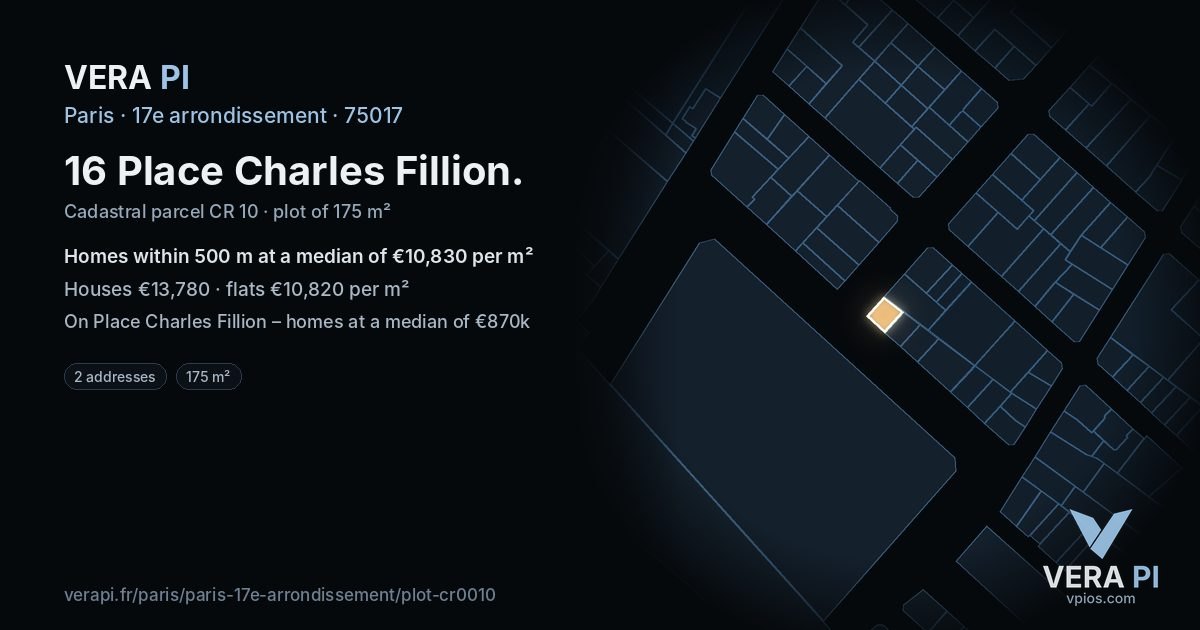 16 Place Charles Fillion, 17e arrondissement at night – the plot lit, the parcels around coloured by the prices near them