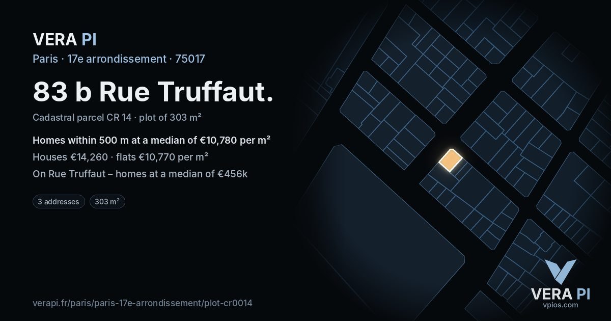 83 b Rue Truffaut, 17e arrondissement at night – the plot lit, the parcels around coloured by the prices near them