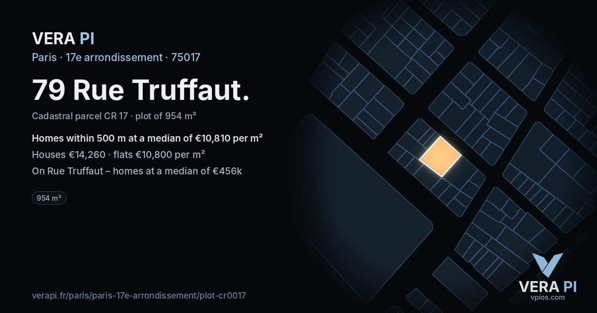 79 Rue Truffaut, 17e arrondissement at night – the plot lit, the parcels around coloured by the prices near them
