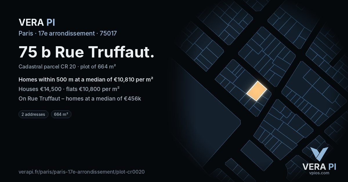 75 b Rue Truffaut, 17e arrondissement at night – the plot lit, the parcels around coloured by the prices near them