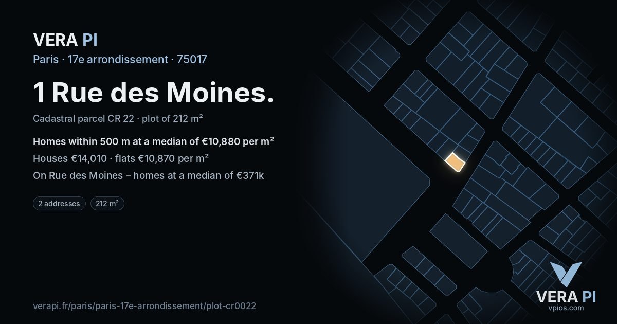1 Rue des Moines, 17e arrondissement at night – the plot lit, the parcels around coloured by the prices near them