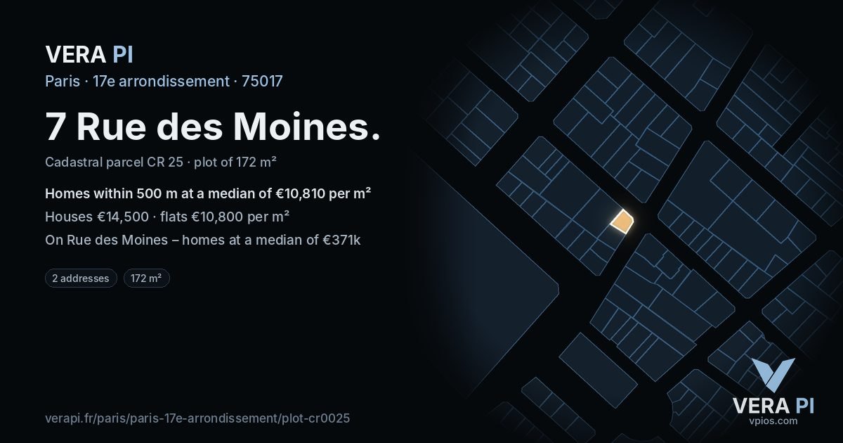 7 Rue des Moines, 17e arrondissement at night – the plot lit, the parcels around coloured by the prices near them