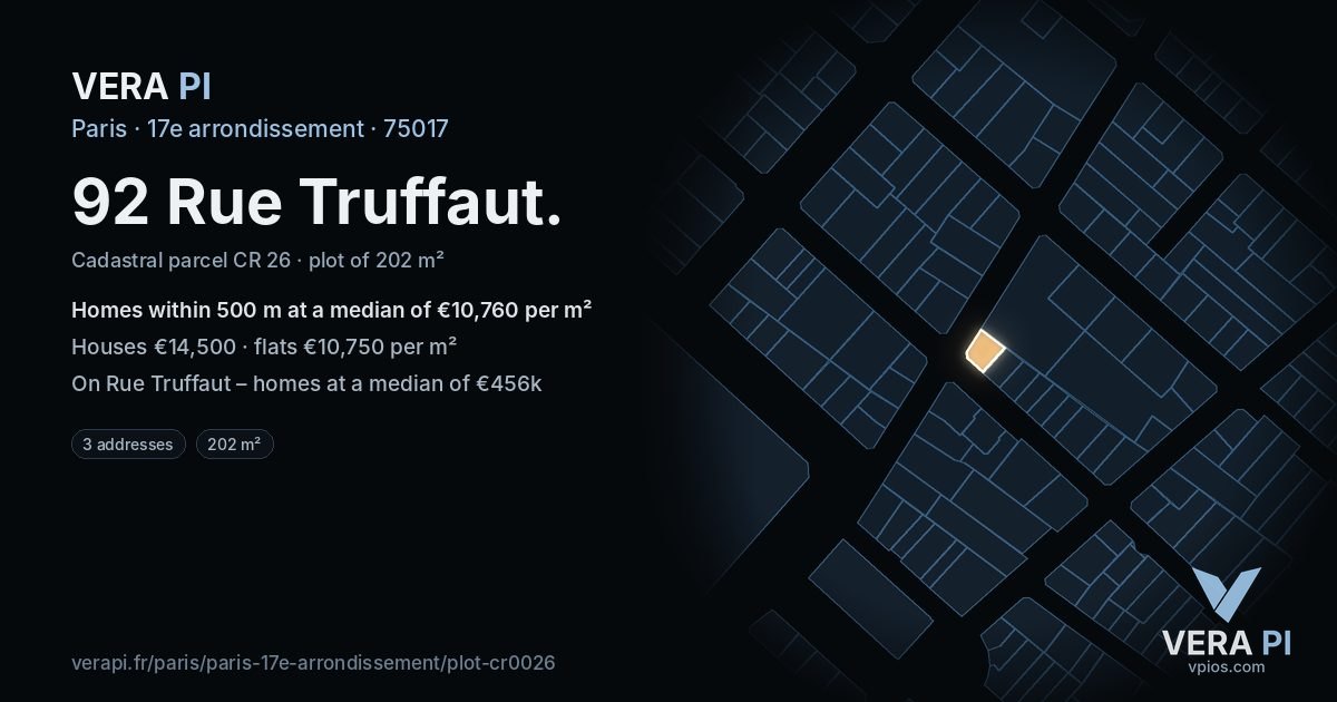 92 Rue Truffaut, 17e arrondissement at night – the plot lit, the parcels around coloured by the prices near them