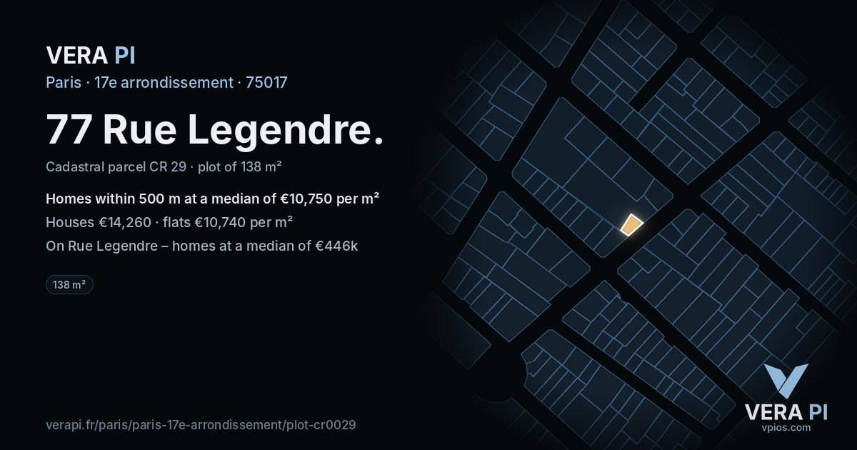 77 Rue Legendre, 17e arrondissement at night – the plot lit, the parcels around coloured by the prices near them