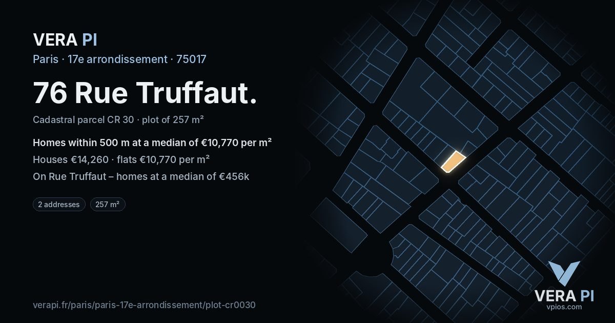 76 Rue Truffaut, 17e arrondissement at night – the plot lit, the parcels around coloured by the prices near them