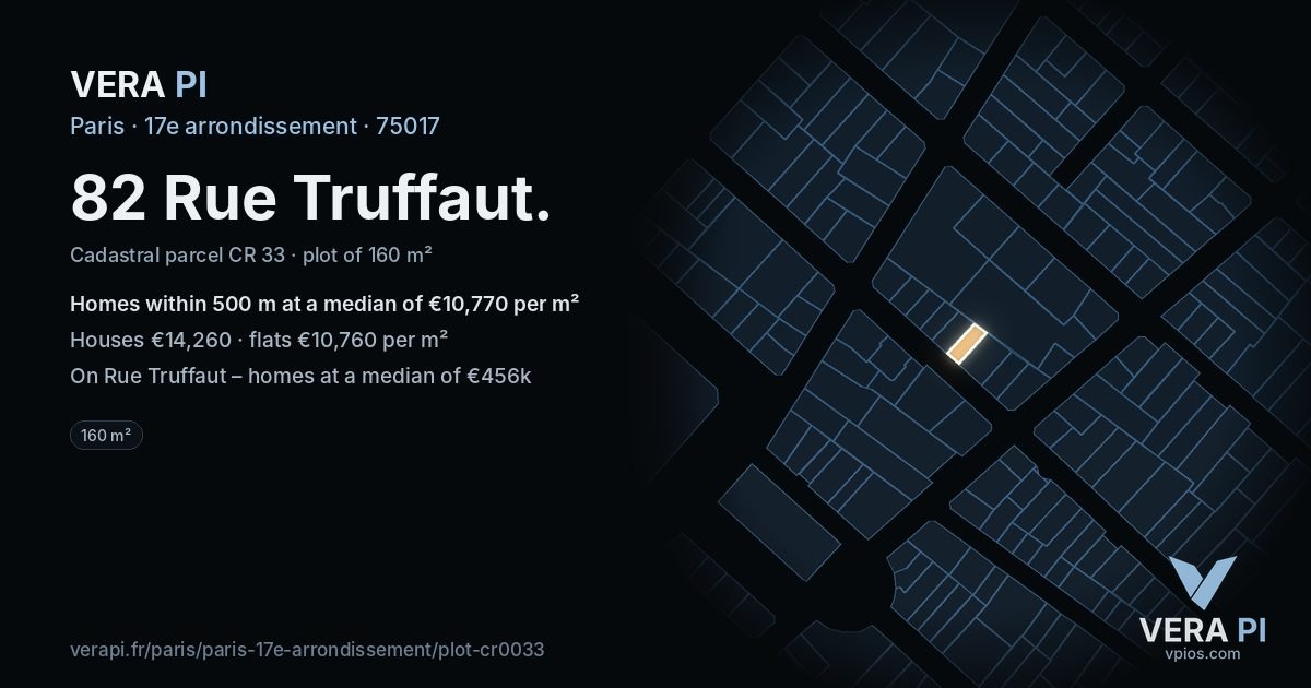 82 Rue Truffaut, 17e arrondissement at night – the plot lit, the parcels around coloured by the prices near them