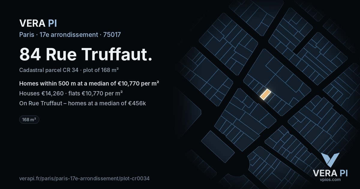 84 Rue Truffaut, 17e arrondissement at night – the plot lit, the parcels around coloured by the prices near them
