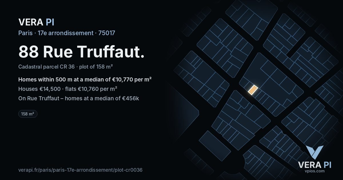 88 Rue Truffaut, 17e arrondissement at night – the plot lit, the parcels around coloured by the prices near them