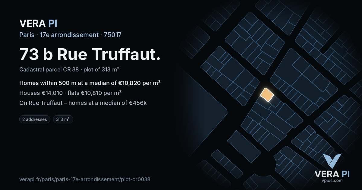 73 b Rue Truffaut, 17e arrondissement at night – the plot lit, the parcels around coloured by the prices near them
