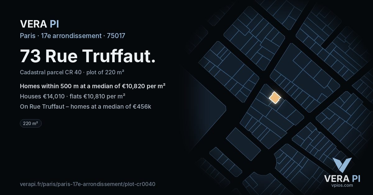 73 Rue Truffaut, 17e arrondissement at night – the plot lit, the parcels around coloured by the prices near them