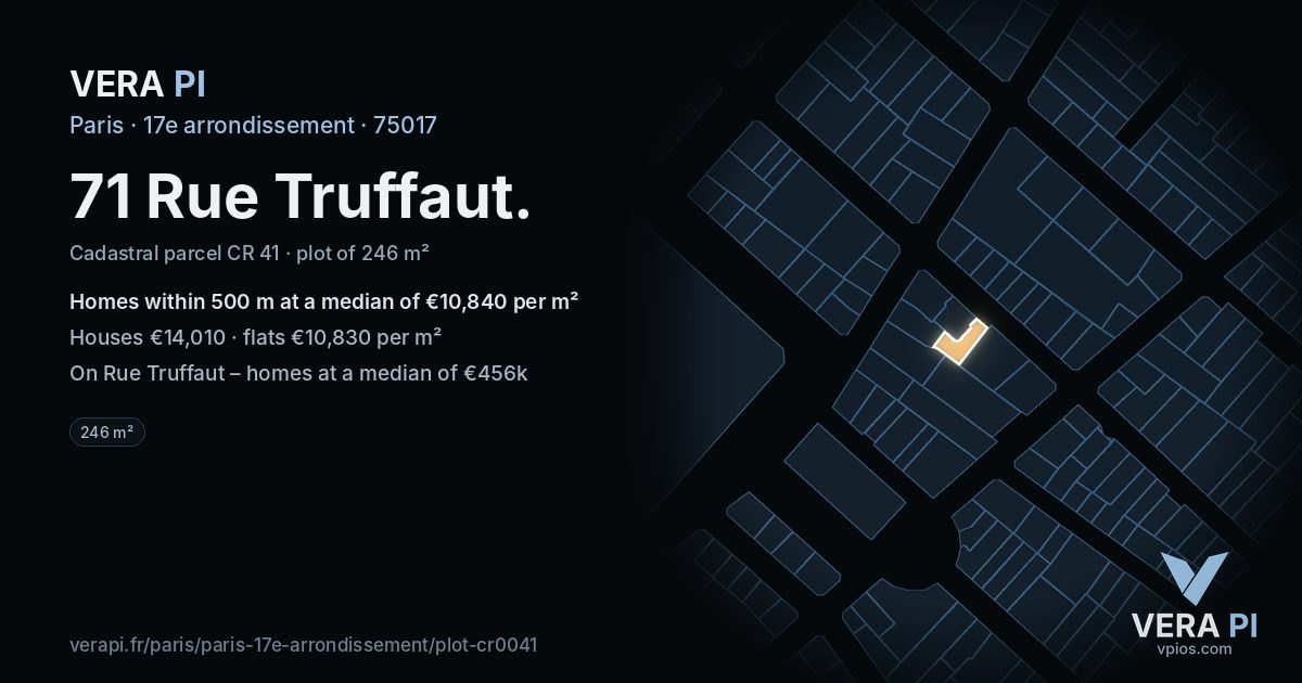 71 Rue Truffaut, 17e arrondissement at night – the plot lit, the parcels around coloured by the prices near them