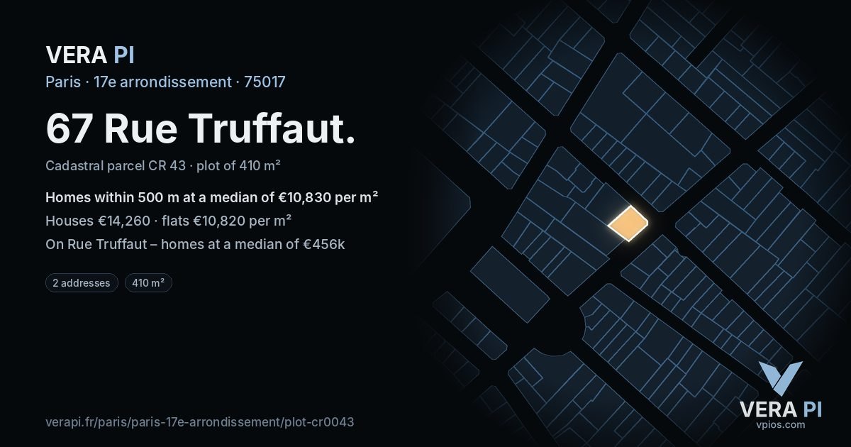 67 Rue Truffaut, 17e arrondissement at night – the plot lit, the parcels around coloured by the prices near them