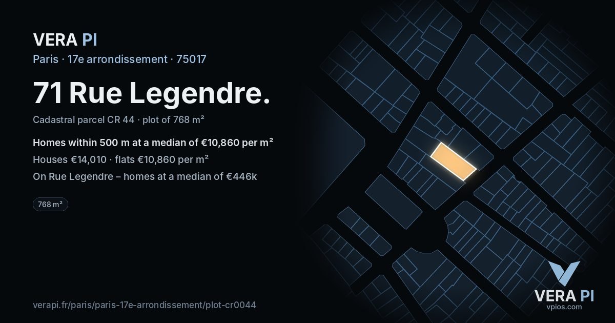 71 Rue Legendre, 17e arrondissement at night – the plot lit, the parcels around coloured by the prices near them