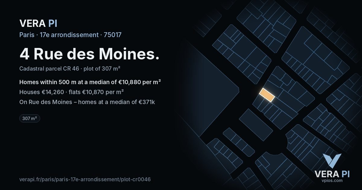 4 Rue des Moines, 17e arrondissement at night – the plot lit, the parcels around coloured by the prices near them
