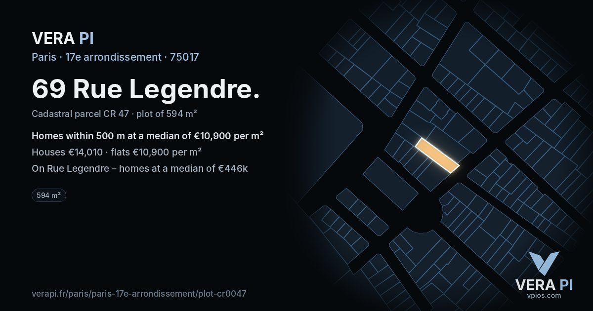 69 Rue Legendre, 17e arrondissement at night – the plot lit, the parcels around coloured by the prices near them