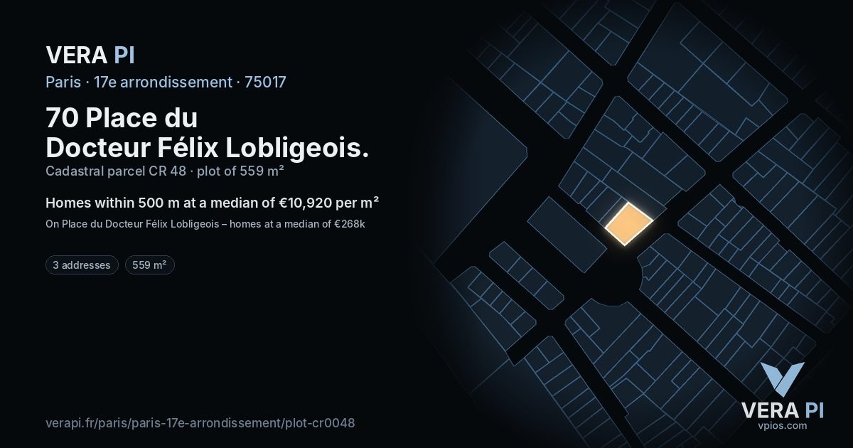 70 Place du Docteur Félix Lobligeois, 17e arrondissement at night – the plot lit, the parcels around coloured by the prices near them