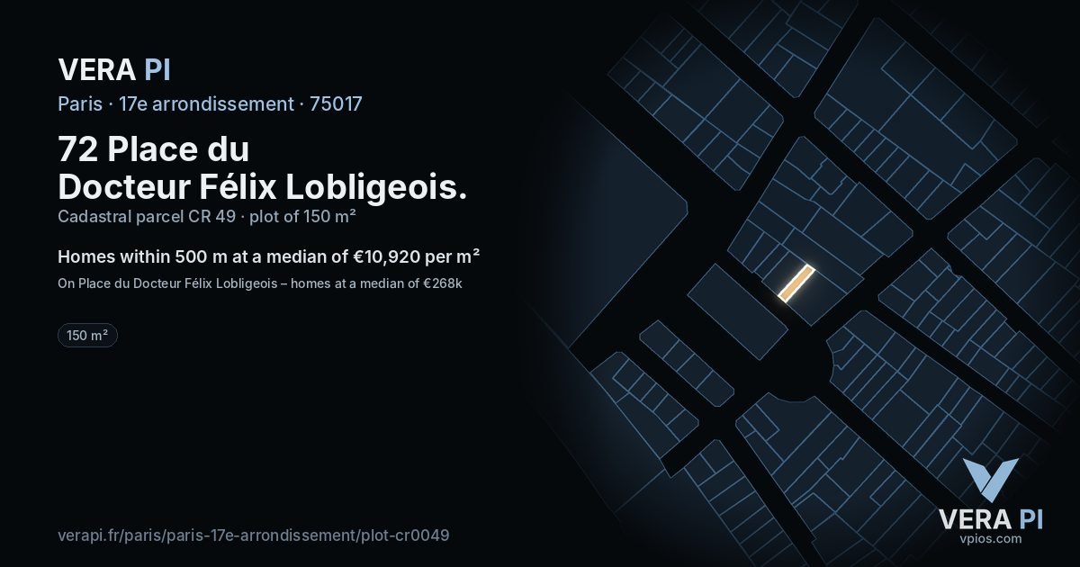 72 Place du Docteur Félix Lobligeois, 17e arrondissement at night – the plot lit, the parcels around coloured by the prices near them