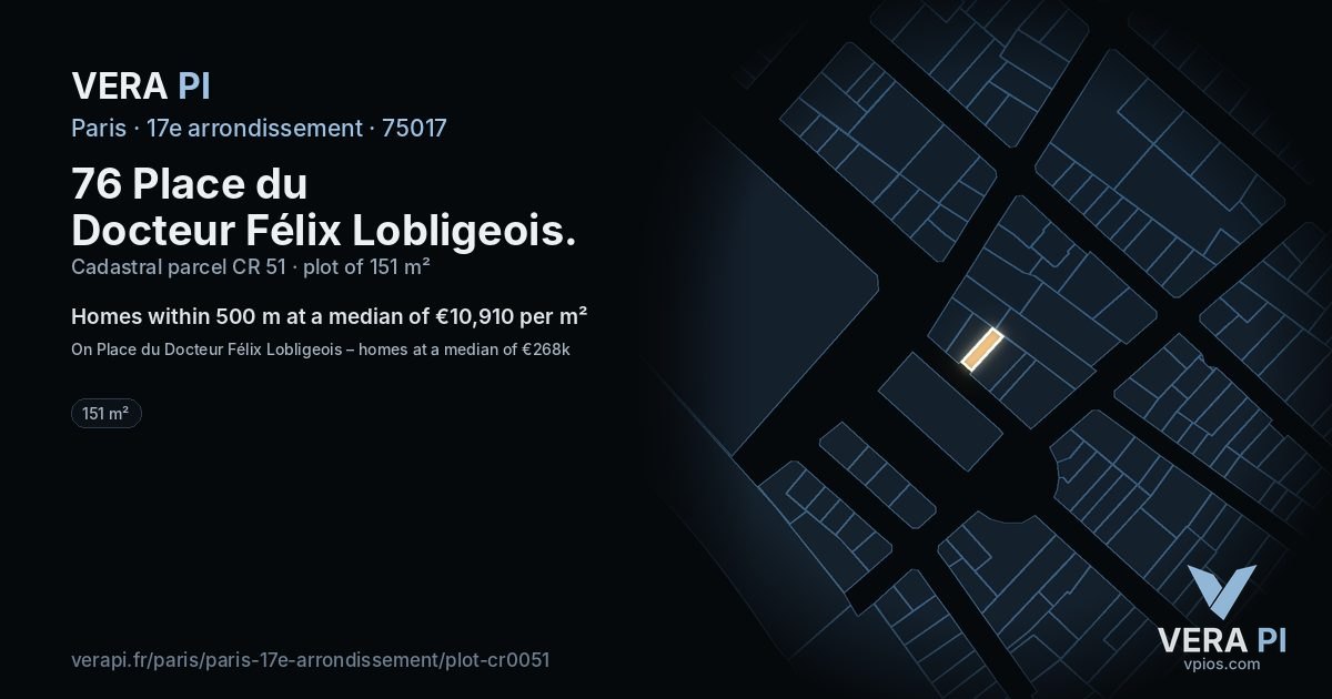 76 Place du Docteur Félix Lobligeois, 17e arrondissement at night – the plot lit, the parcels around coloured by the prices near them