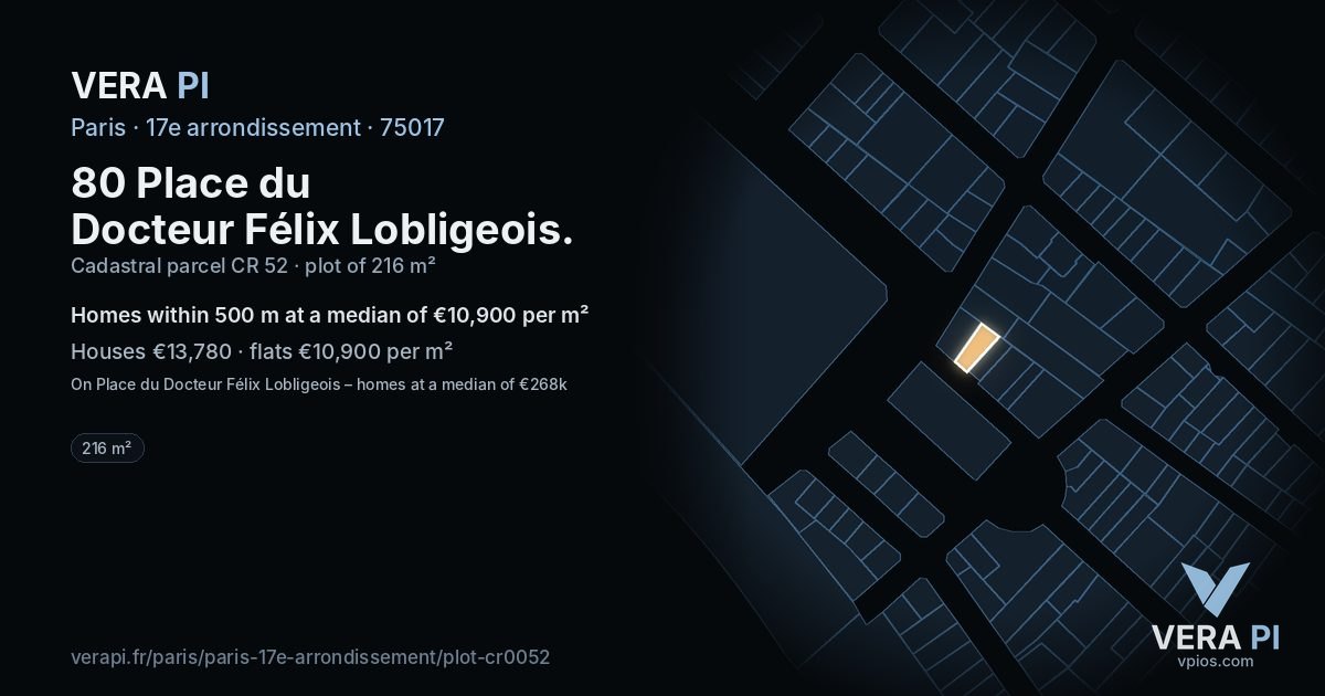 80 Place du Docteur Félix Lobligeois, 17e arrondissement at night – the plot lit, the parcels around coloured by the prices near them