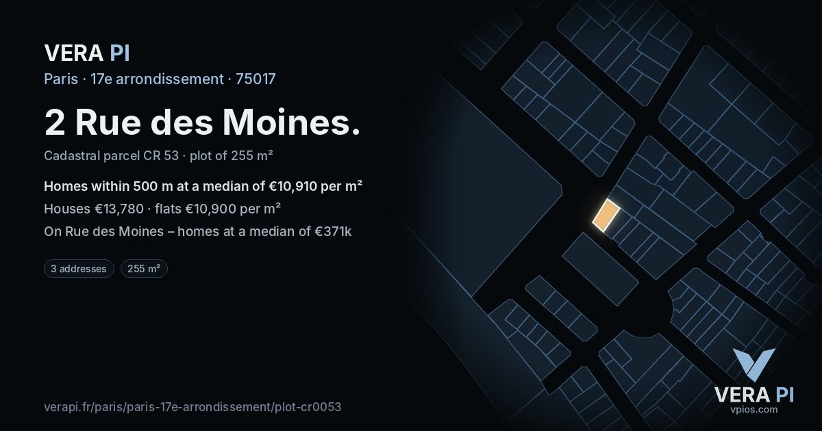2 Rue des Moines, 17e arrondissement at night – the plot lit, the parcels around coloured by the prices near them