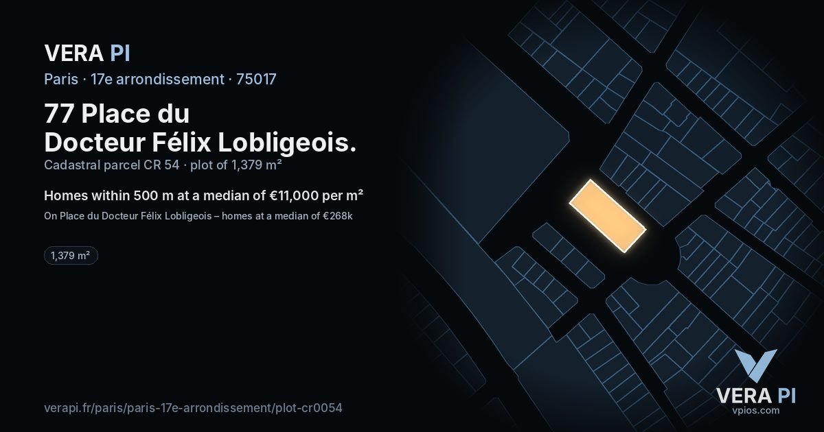 77 Place du Docteur Félix Lobligeois, 17e arrondissement at night – the plot lit, the parcels around coloured by the prices near them