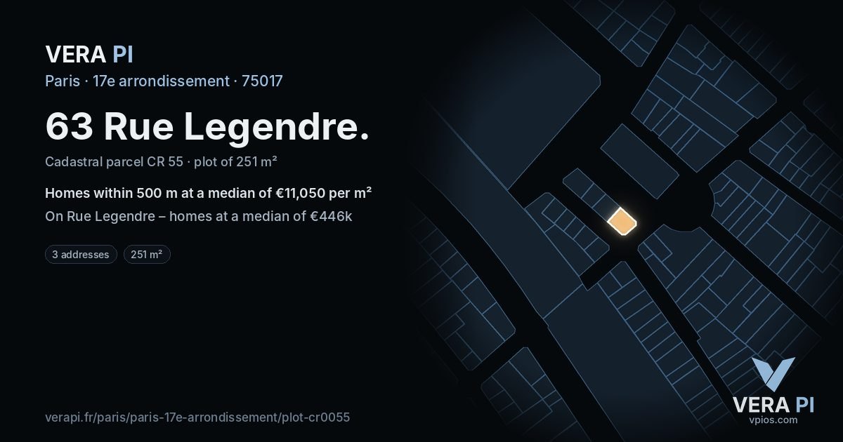 63 Rue Legendre, 17e arrondissement at night – the plot lit, the parcels around coloured by the prices near them