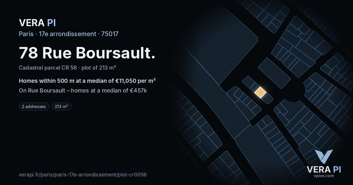 78 Rue Boursault, 17e arrondissement at night – the plot lit, the parcels around coloured by the prices near them