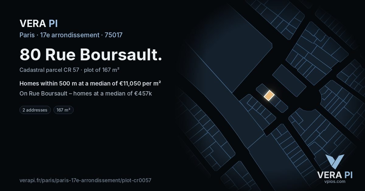 80 Rue Boursault, 17e arrondissement at night – the plot lit, the parcels around coloured by the prices near them