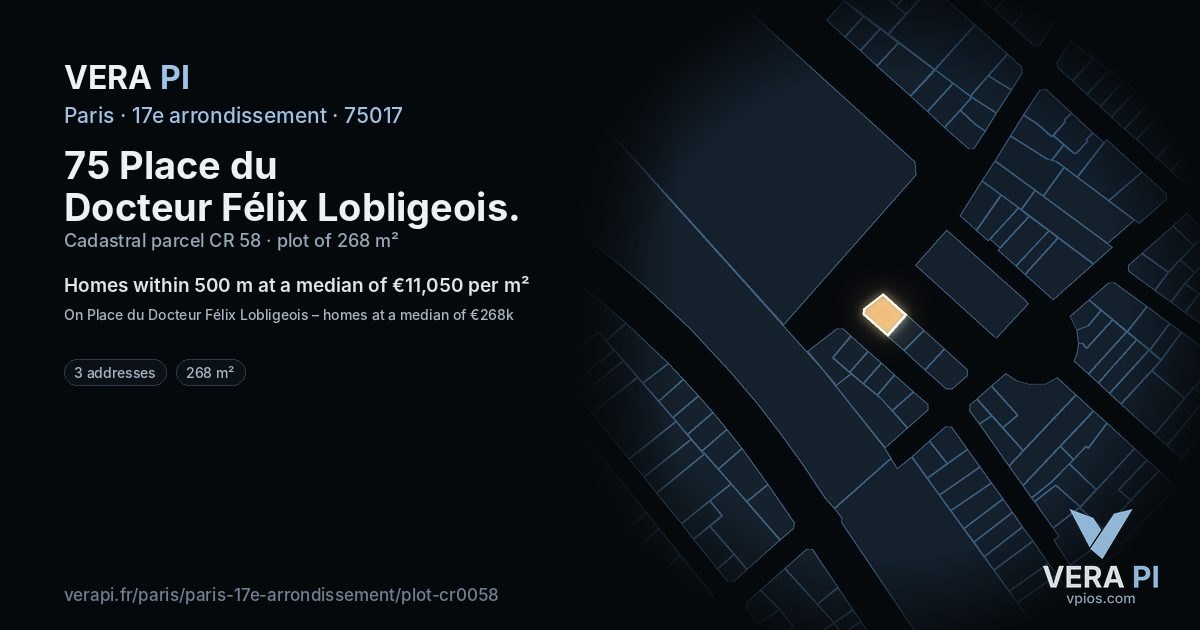 75 Place du Docteur Félix Lobligeois, 17e arrondissement at night – the plot lit, the parcels around coloured by the prices near them