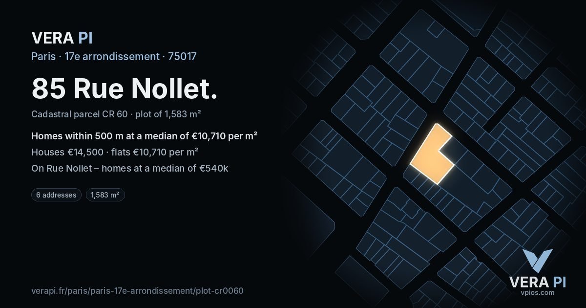 85 Rue Nollet, 17e arrondissement at night – the plot lit, the parcels around coloured by the prices near them
