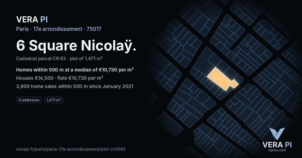 6 Square Nicolaÿ, 17e arrondissement at night – the plot lit, the parcels around coloured by the prices near them