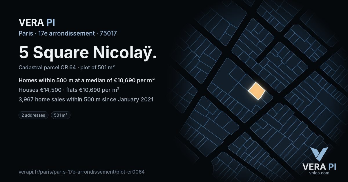 5 Square Nicolaÿ, 17e arrondissement at night – the plot lit, the parcels around coloured by the prices near them