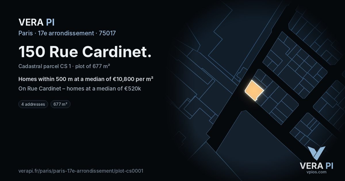 150 Rue Cardinet, 17e arrondissement at night – the plot lit, the parcels around coloured by the prices near them