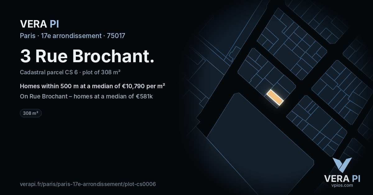 3 Rue Brochant, 17e arrondissement at night – the plot lit, the parcels around coloured by the prices near them