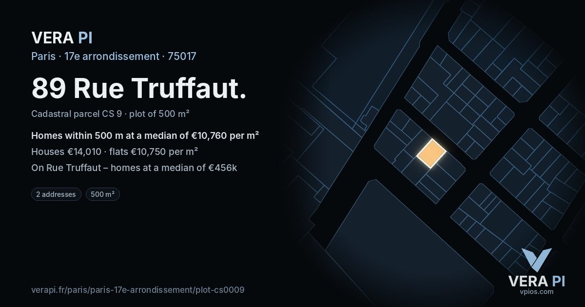 89 Rue Truffaut, 17e arrondissement at night – the plot lit, the parcels around coloured by the prices near them