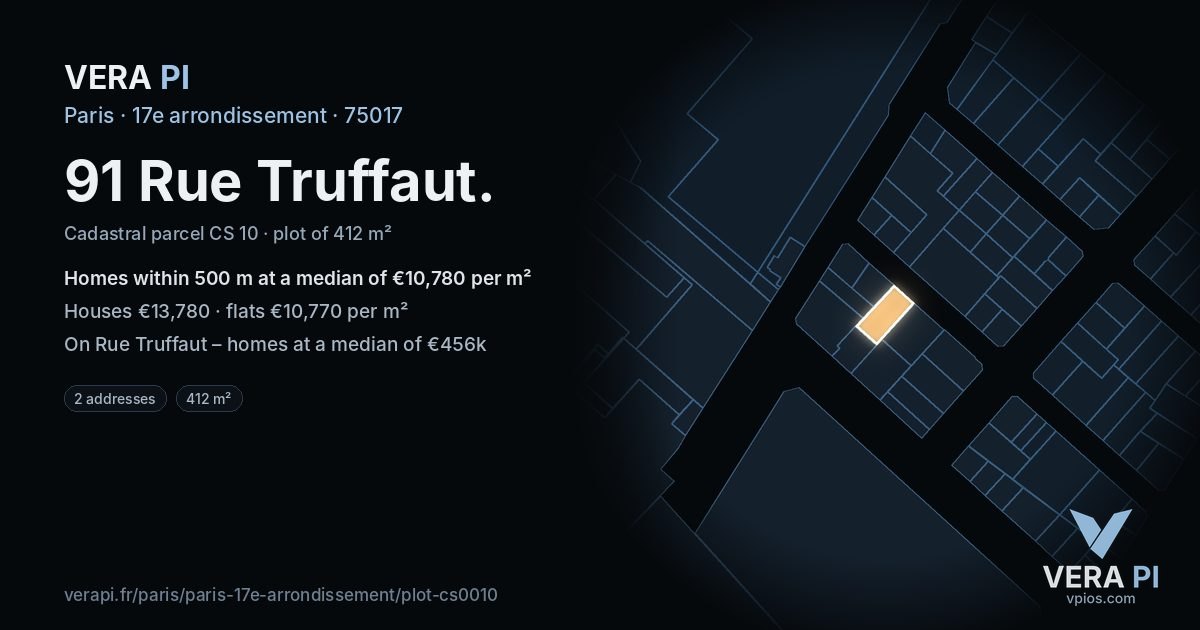 91 Rue Truffaut, 17e arrondissement at night – the plot lit, the parcels around coloured by the prices near them