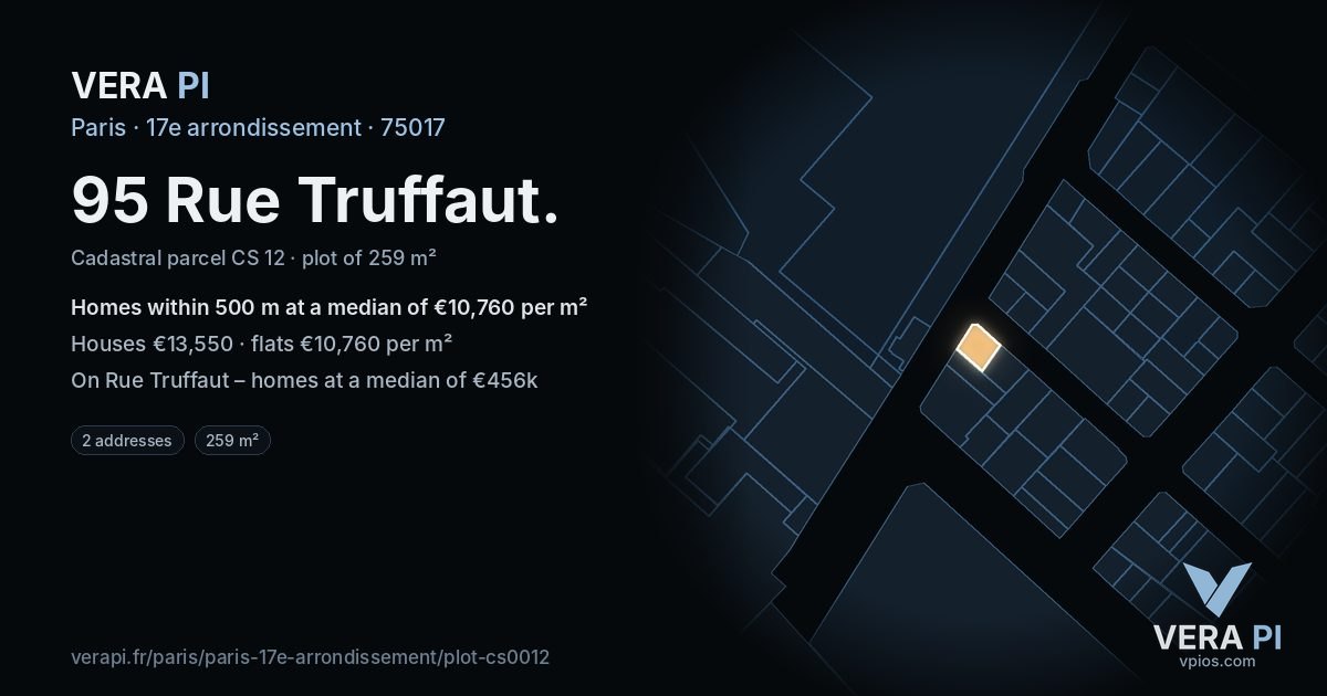 95 Rue Truffaut, 17e arrondissement at night – the plot lit, the parcels around coloured by the prices near them