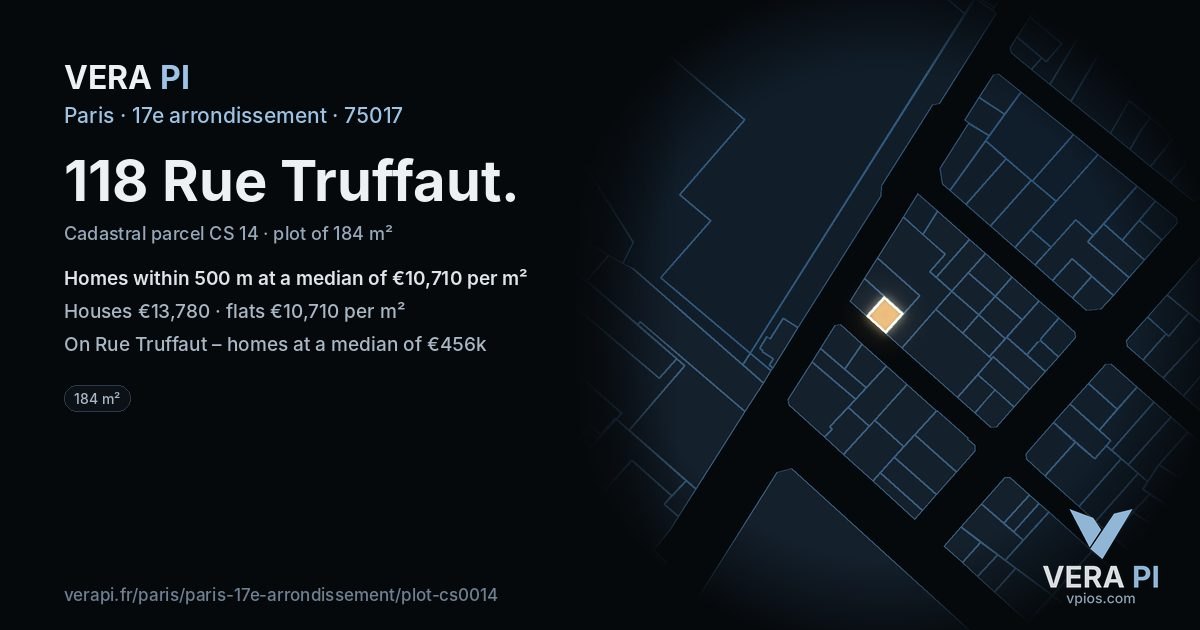 118 Rue Truffaut, 17e arrondissement at night – the plot lit, the parcels around coloured by the prices near them