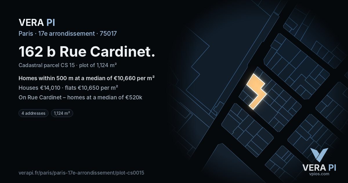 162 b Rue Cardinet, 17e arrondissement at night – the plot lit, the parcels around coloured by the prices near them