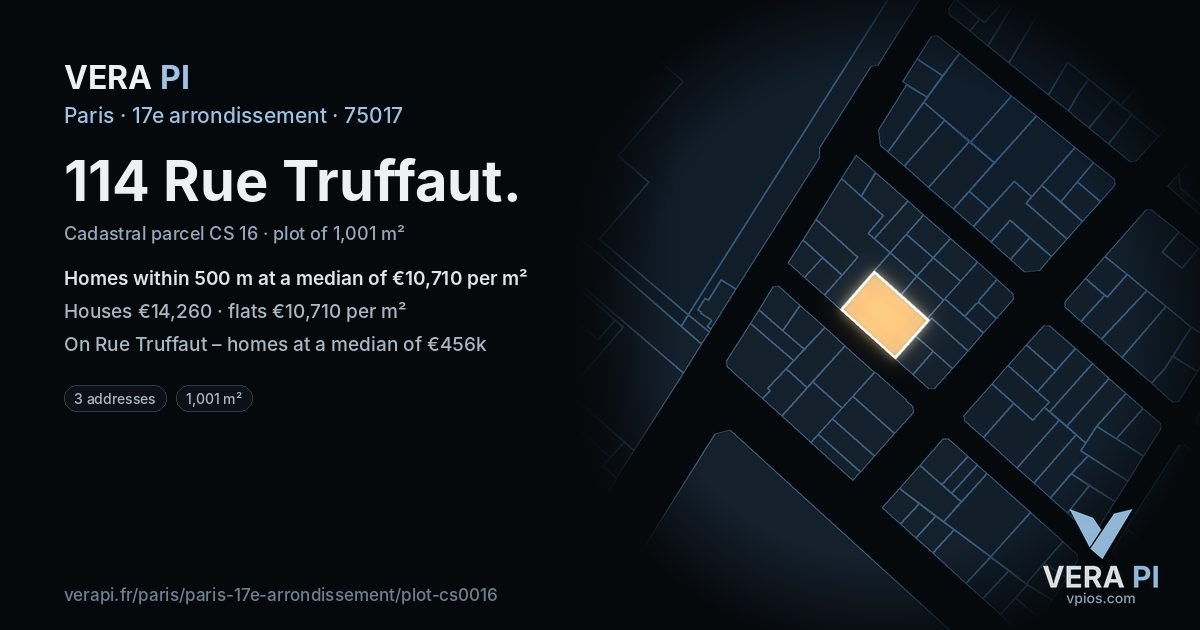 114 Rue Truffaut, 17e arrondissement at night – the plot lit, the parcels around coloured by the prices near them