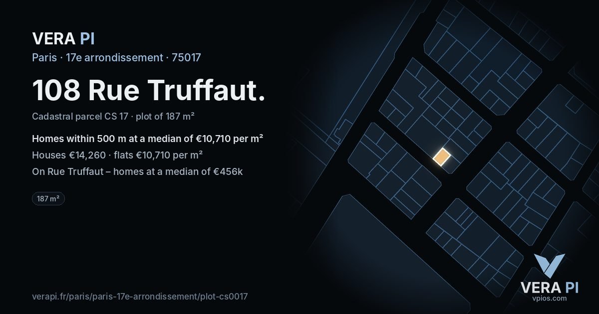 108 Rue Truffaut, 17e arrondissement at night – the plot lit, the parcels around coloured by the prices near them