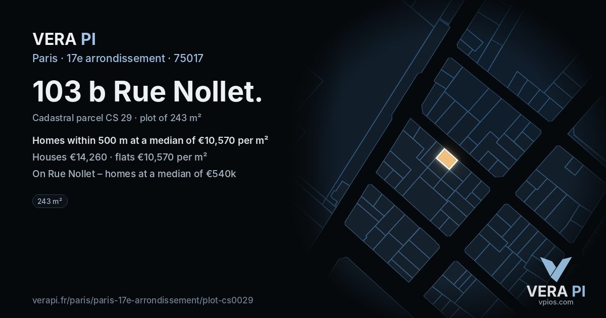 103 b Rue Nollet, 17e arrondissement at night – the plot lit, the parcels around coloured by the prices near them