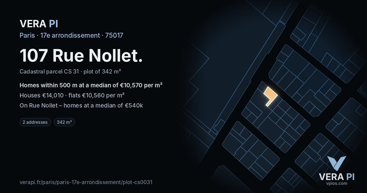 107 Rue Nollet, 17e arrondissement at night – the plot lit, the parcels around coloured by the prices near them